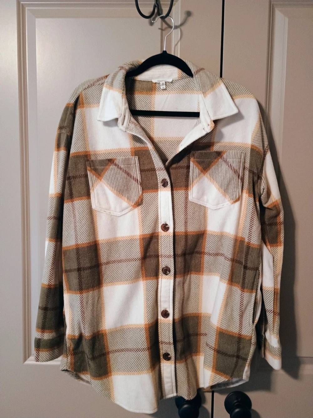 Maurices Wilder Fleece Plaid Button-Front Shirt Jacket in Cream, Brown and Tan M